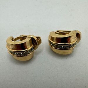 Christian Dior Gold Tone Rhinestone Small Half Hoop Clip On Earrings Vintage